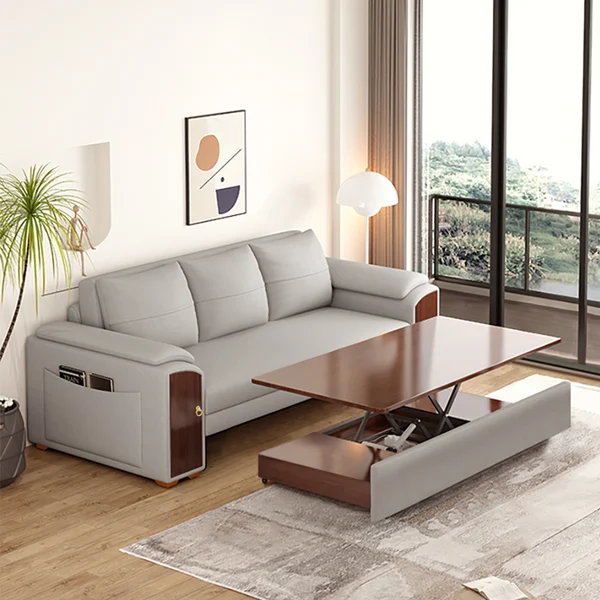 2400mm Grey Pull Out Sofa Bed Convertible Leath-Aire Sleeper with Lift-top Coffee Table