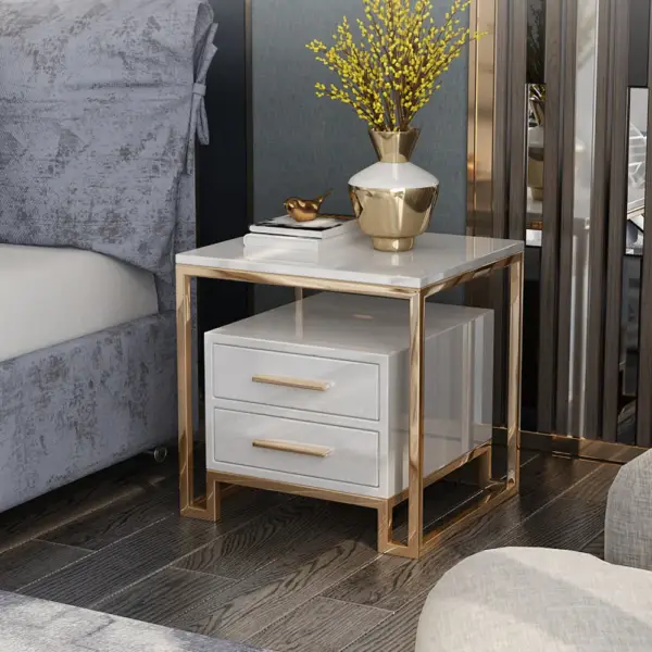 White Side Table with Two-Drawer End Table Stainless Steel in Gold - Image 3