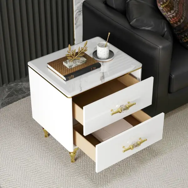 Chift Small Marble Top End Table Modern White Side Table with 2 Drawers Nightstand - Image 5
