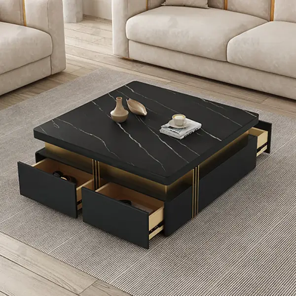 Trimied 1100mm Modern Black Square Storage Coffee Table Stone Top & 4 Wood Drawers - Image 5