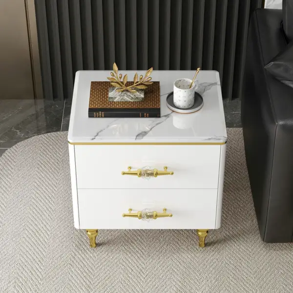 Chift Small Marble Top End Table Modern White Side Table with 2 Drawers Nightstand - Image 3
