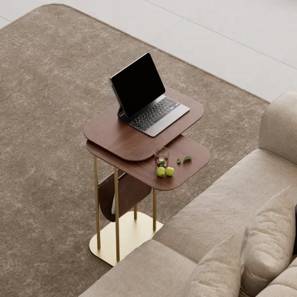 Modern Small C Shaped Rotating Side Table Walnut Wood Bedside Table with Storage