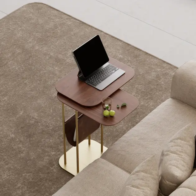 Modern Small C Shaped Rotating Side Table Walnut Wood Bedside Table with Storage