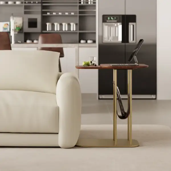 Modern Small C Shaped Rotating Side Table Walnut Wood Bedside Table with Storage - Image 4