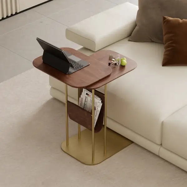 Modern Small C Shaped Rotating Side Table Walnut Wood Bedside Table with Storage - Image 6