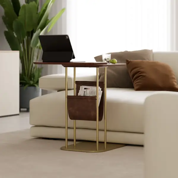 Modern Small C Shaped Rotating Side Table Walnut Wood Bedside Table with Storage - Image 10