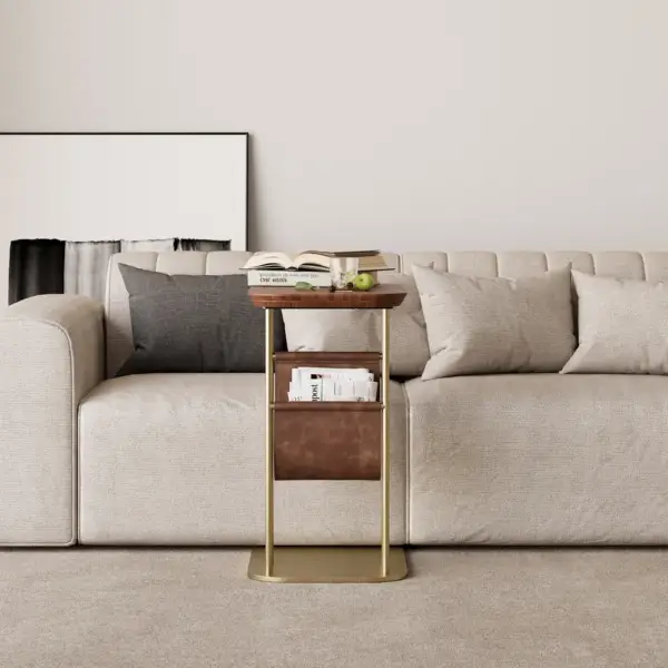 Modern Small C Shaped Rotating Side Table Walnut Wood Bedside Table with Storage - Image 11