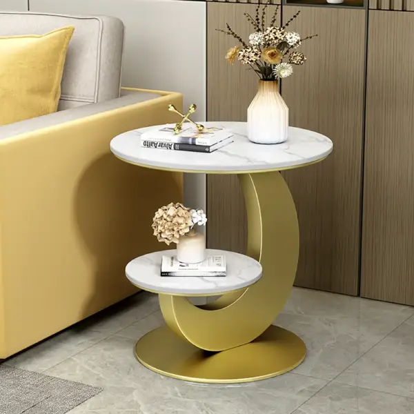White & Gold Faux Marble Side Table 2 Tier Round End Table Modern Simplicity Living Room - Image 4