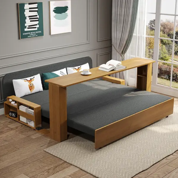 2080mm Gray & Brown Full Sleeper Sofa Cotton & Linen Convertible Sofa Bed with Storage - Image 4