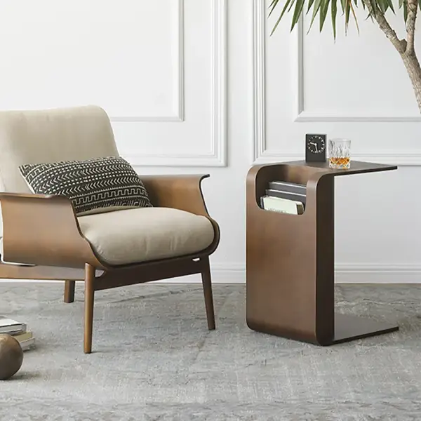 Oak Wood C-Style End Table with Magazine Rack Organizer C Side Table in Walnut - Image 13