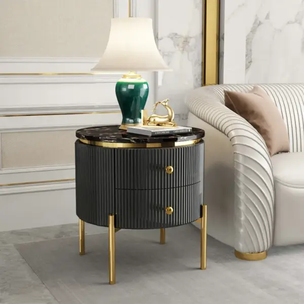 Yelly Modern Round End Table With Storage Black Faux Marble Side Table Gold Legs - Image 6