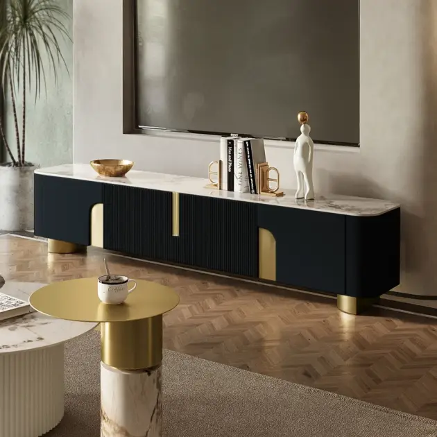 Artus Modern Beige TV Stand Stone Top 4 Doors with Storage Media Console TV up to 2159mm