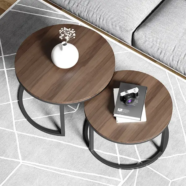 Fero 2 Pieces Modern Walnut & Black Round Nesting Coffee Table for Living Room - Image 7