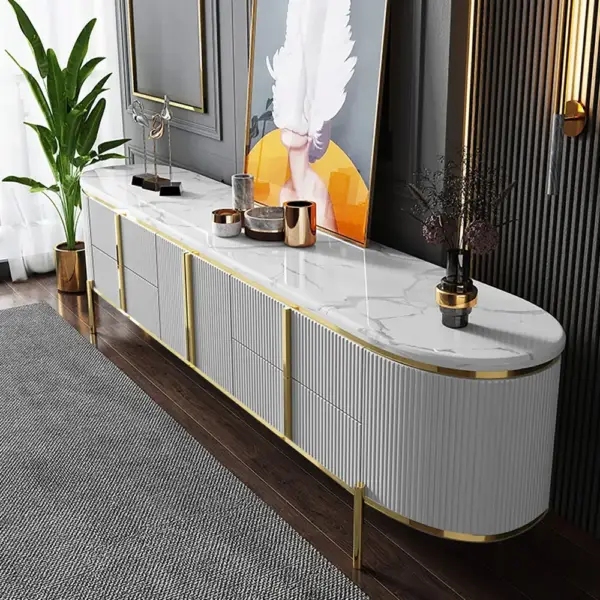 Gline Modern Oval TV Stand White Marble Top with Drawers & Storage for 2159mm TV - Image 4