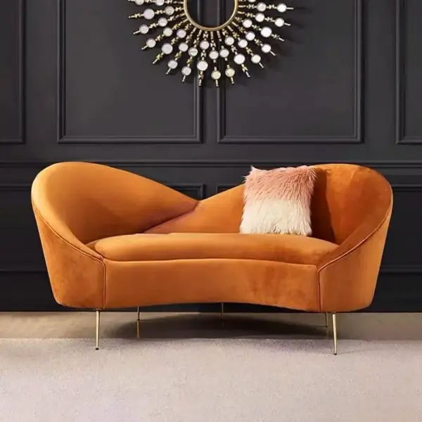 1600mm Velvet Curved Sofa Small 2-Seater Sofa with Curve Back Upholstery in Orange