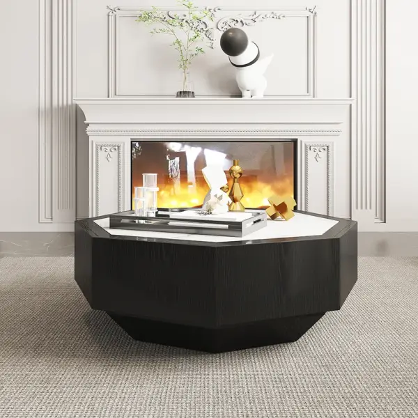 Wood Octagonal Coffee Table Rotating in Black with 2 Drawers Sintered Stone Top - Image 2