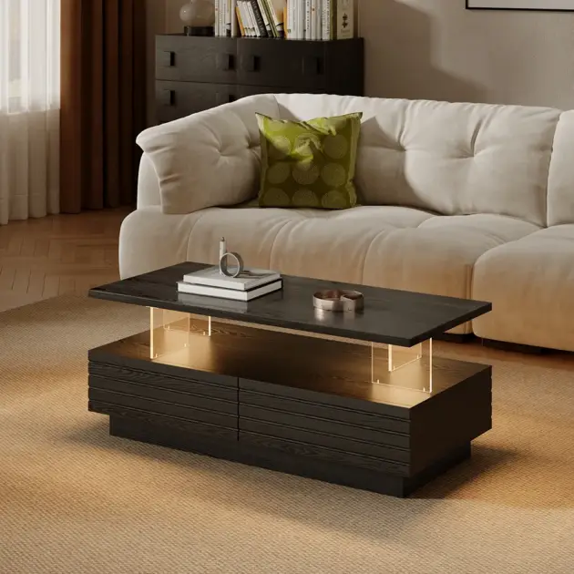 1200mm Modern Black Rectangular Acrylic LED Lights Coffee Table with Storage