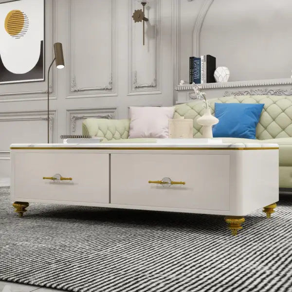Chift 1300mm Modern Marble White Coffee Table & Storage Drawers Gold Stainless Steel Leg - Image 2