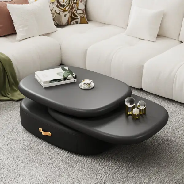 3-Tiered Modern Oval Black Pebbles Rotating Coffee Table with Storage - Image 5