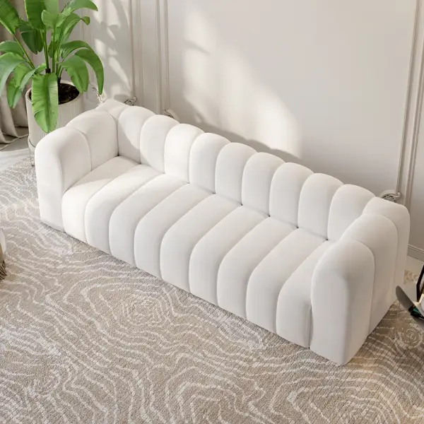 2230mm Modern White Velvet 3-Seater Sofa Channel Tufted Upholstered Luxury Solid Wood - Image 2