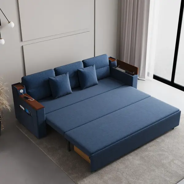 2100mm Blue Full Sleeper Sofa Linen Convertible Sofa Bed with Storage & Side Pockets - Image 3