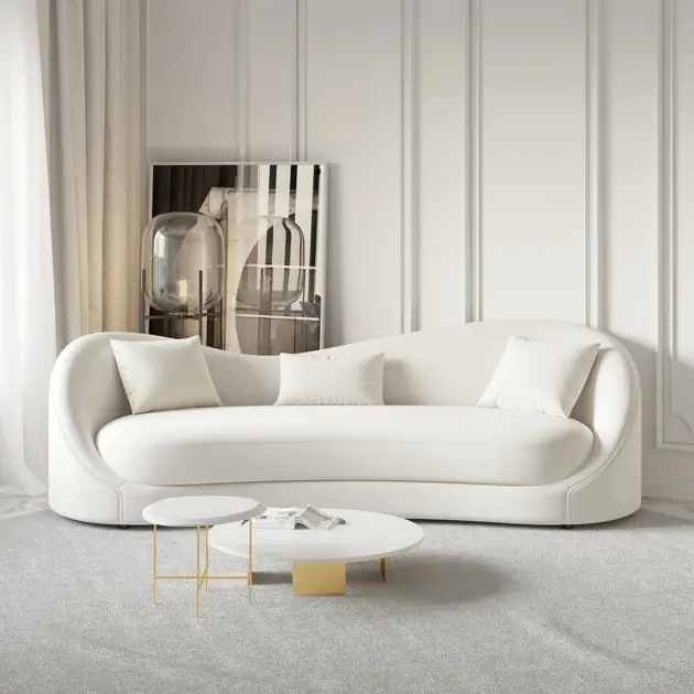 Luxury 2130mm Off White Velvet Upholstered Sofa 3-Seater Sofa Solid Wood Frame