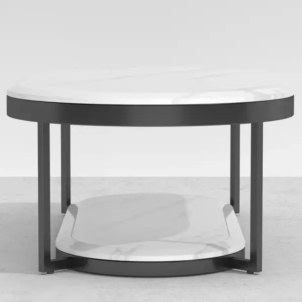 2-Tiered Modern Marble Coffee Table Black & White with Shelf Metal Frame - Image 3