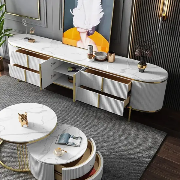 Gline Modern Oval TV Stand White Marble Top with Drawers & Storage for 2159mm TV - Image 5