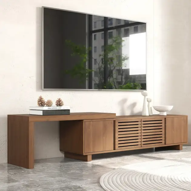 Japandi Walnut Retracted & Extendable TV Stand with 4 Shelves Up to 2159mm