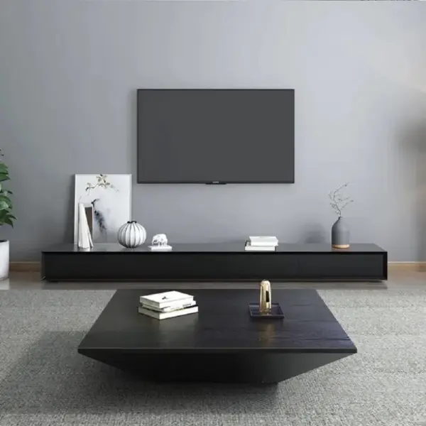 Modern Black Wood Coffee Table with Storage Square Drum with Drawer - Image 3