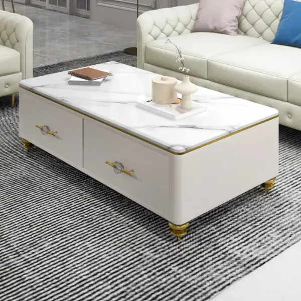Chift 1300mm Modern Marble White Coffee Table & Storage Drawers Gold Stainless Steel Leg - Image 3