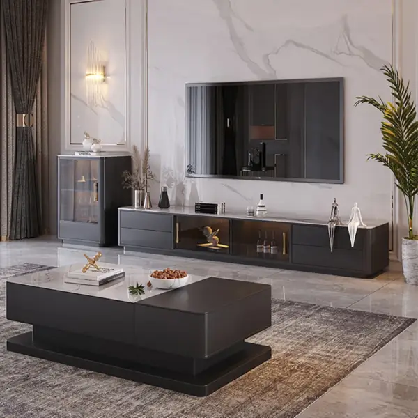 Modern Dark Grey TV Stand Stone Top 4-Drawer Glass Doors Media Console in Large