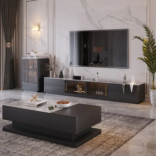 Modern Dark Grey TV Stand Stone Top 4-Drawer Glass Doors Media Console in Large