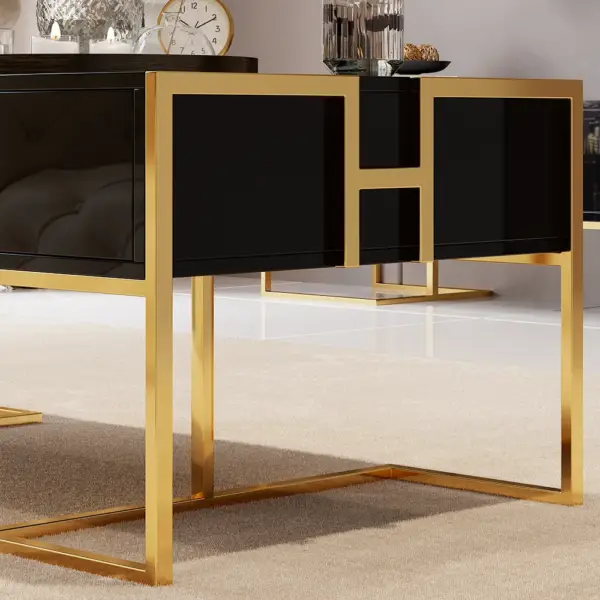 Jocise Contemporary Black Rectangular Coffee Table with Drawers Lacquer Gold Base - Image 2