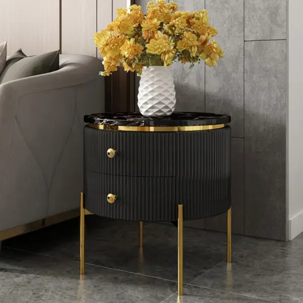 Yelly Modern Round End Table With Storage Black Faux Marble Side Table Gold Legs - Image 2