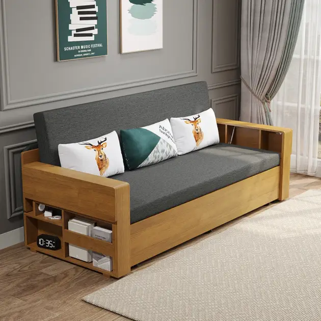 2080mm Gray & Brown Full Sleeper Sofa Cotton & Linen Convertible Sofa Bed with Storage