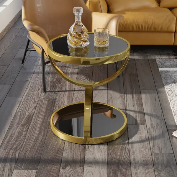 Black Round Side Table Tempered Glass with Storage End Table in Gold - Image 8
