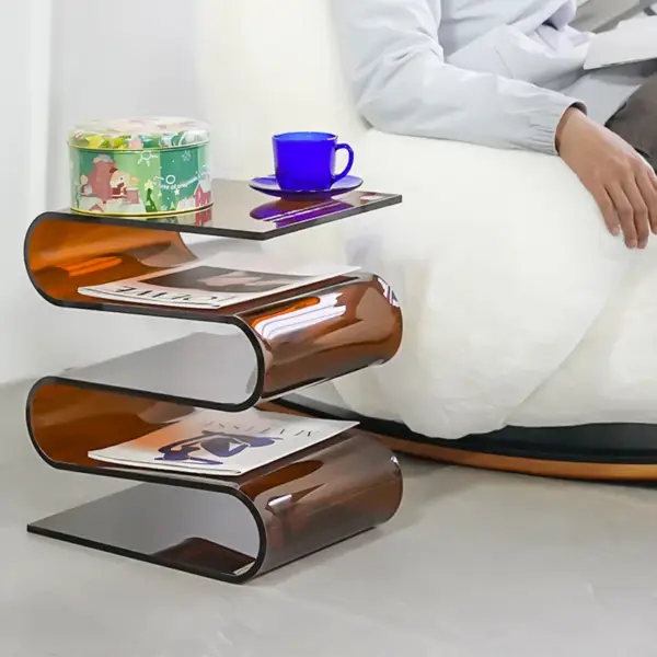 Acrylic End Table Tea Brown with Storage Wavy Shape Side Table - Image 3