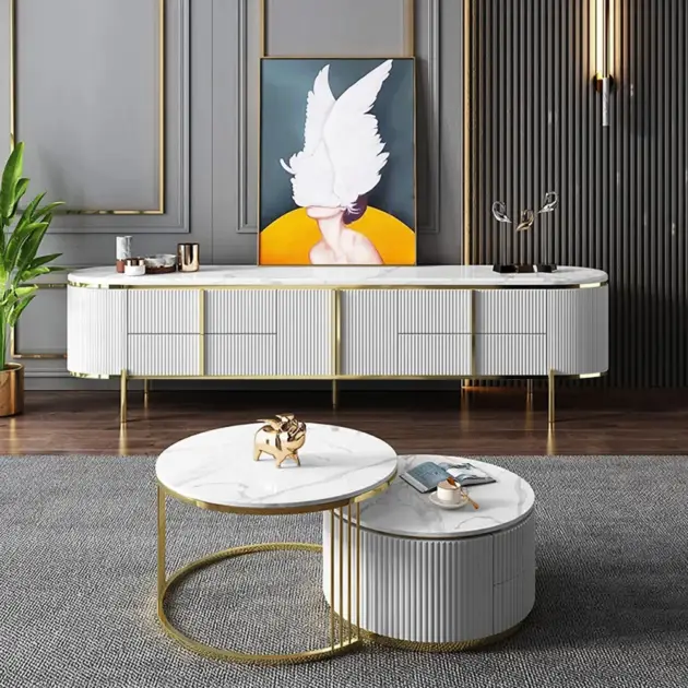 Gline Modern Oval TV Stand White Marble Top with Drawers & Storage for 2159mm TV