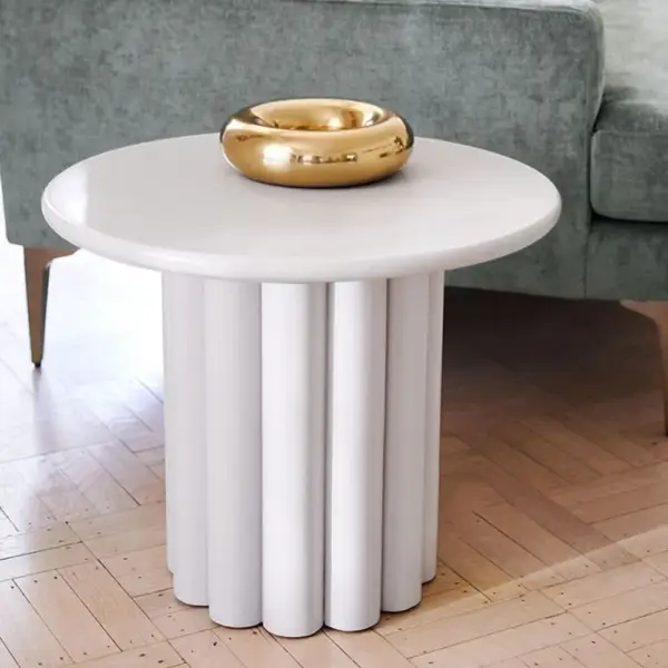 Yarnic Japandi White Fluted Side Table Round Wood End Table with Unique Design - Image 12