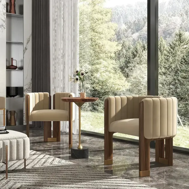 Modern Wood Accent Chair Camel Velvet Upholstered Arm Chair