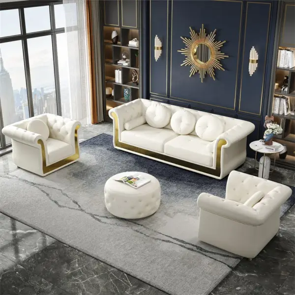 Dodiy 2200mm Modern Upholstered Tufted Leather 3-Seater Sofa with 5 Pillows White - Image 4
