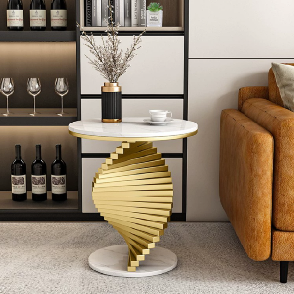 Modern White Round Metal Side Table with Faux Marble Tabletop End Table
