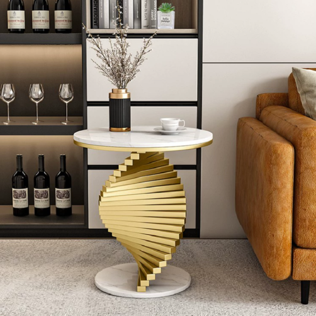Modern White Round Metal Side Table with Faux Marble Tabletop End Table