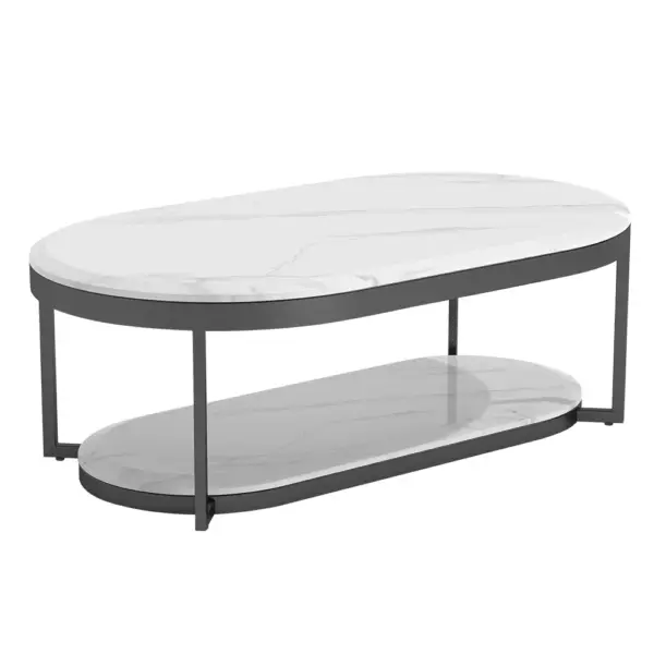 2-Tiered Modern Marble Coffee Table Black & White with Shelf Metal Frame - Image 5