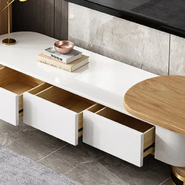 Nesnesis Modern Extending TV Stand with Storage Oval White & Natural Media Console - Image 3