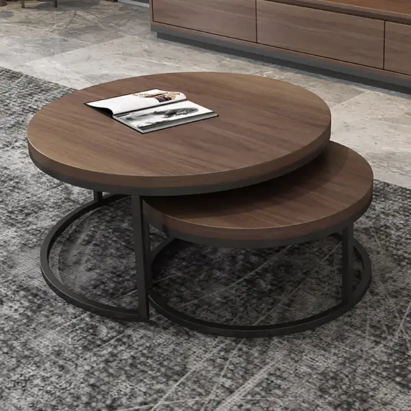 Fero 2 Pieces Modern Walnut & Black Round Nesting Coffee Table for Living Room - Image 2