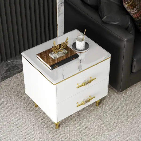 Chift Small Marble Top End Table Modern White Side Table with 2 Drawers Nightstand - Image 4