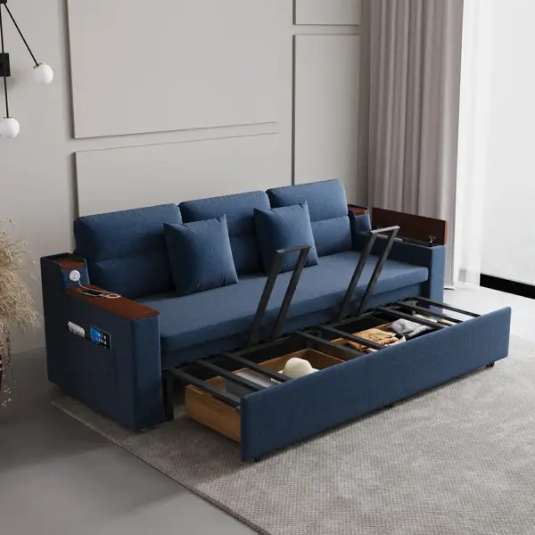 2100mm Blue Full Sleeper Sofa Linen Convertible Sofa Bed with Storage & Side Pockets - Image 4