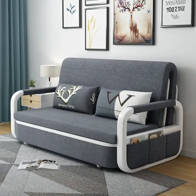 Deep Grey Sleeper Sofa Bed Loveseat Cotton & Linen Upholstered with Solid Wood Frame